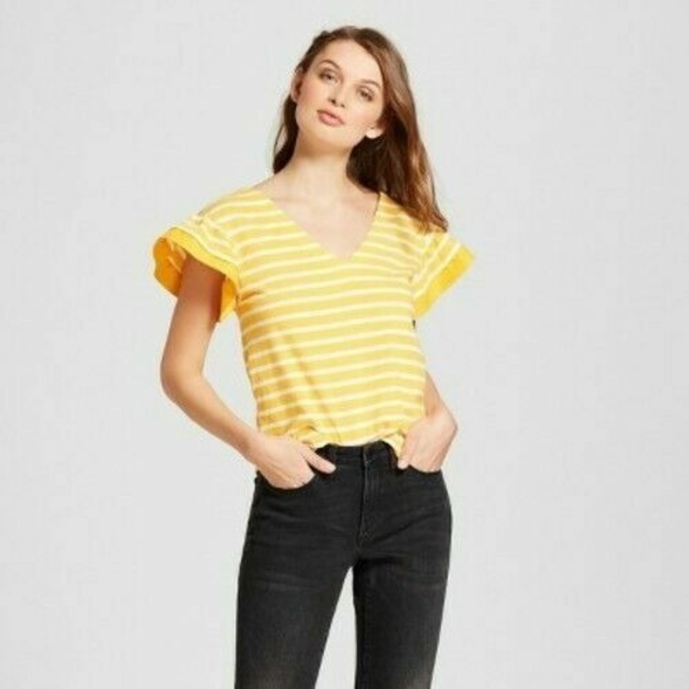A New Day By Target Flutter Sleeve Shirt Women's 2XL‎ Yellow White Stripe NEW